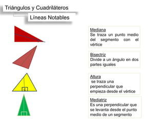 Triángulos y Cuadriláteros
           Líneas Notables

                             Mediana
                             Se traza un punto medio
                             del segmento con el
                             vértice

                             Bisectriz
                             Divide a un ángulo en dos
                             partes iguales

                             Altura
                             se traza una
                             perpendicular que
       c                     empieza desde el vértice

                             Mediatriz
                             Es una perpendicular que
                             se levanta desde el punto
                             medio de un segmento
 