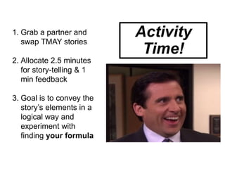 1. Grab a partner and
swap TMAY stories
2. Allocate 2.5 minutes
for story-telling & 1
min feedback
3. Goal is to convey the
story’s elements in a
logical way and
experiment with
finding your formula
Activity
Time!
 