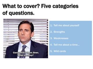 What to cover? Five categories
of questions.
1. Tell me about yourself
2. Strengths
3. Weaknesses
4. Tell me about a time…
5. Wild cards
 