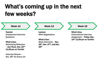 What’s coming up in the next
few weeks?
Week 12 Week 13 Week 15
Tutorial:
Employment Interview
Questions
What’s Due:
Networking Reflection
– due Thurs. Nov. 22nd
11:59 pm on Turnitin
Interview Stream –
Nov. 26th for bonus 1%
Lecture:
Offer Negotiations
What’s Due:
Mock Interviews – Nov.
26th, Nov. 27th, and Nov.
29th
What’s Due:
Informational Interview
Assignment – Friday, Dec.
14th 11:59 pm on Turnitin
 