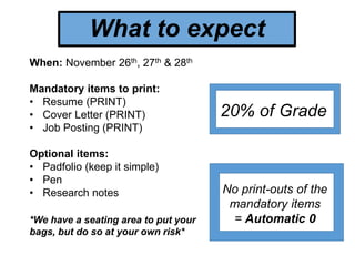 What to expect
When: November 26th, 27th & 28th
Mandatory items to print:
• Resume (PRINT)
• Cover Letter (PRINT)
• Job Posting (PRINT)
Optional items:
• Padfolio (keep it simple)
• Pen
• Research notes
*We have a seating area to put your
bags, but do so at your own risk*
20% of Grade
No print-outs of the
mandatory items
= Automatic 0
 