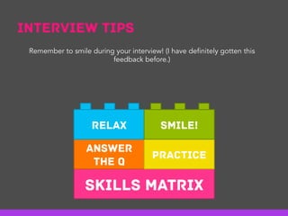 Interview Tips
Skills Matrix
Answer
the Q
Practice
Relax Smile!
Remember to smile during your interview! (I have definitely gotten this
feedback before.)
 