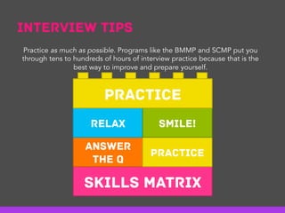 Interview Tips
Skills Matrix
Answer
the Q
Practice
Relax Smile!
Practice
Practice as much as possible. Programs like the BMMP and SCMP put you
through tens to hundreds of hours of interview practice because that is the
best way to improve and prepare yourself.
 
