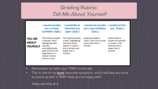 Grading Rubric:
Tell Me About Yourself
• Remember to tailor your TMAY to the job
• This is one of my least favourite questions, and it will take you time
to come up with a TMAY that you’re happy with!
Keep working at it
 