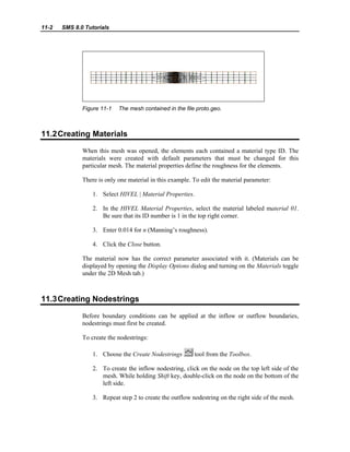 11-2 SMS 8.0 Tutorials
Figure 11-1 The mesh contained in the file proto.geo.
11.2Creating Materials
When this mesh was opened, the elements each contained a material type ID. The
materials were created with default parameters that must be changed for this
particular mesh. The material properties define the roughness for the elements.
There is only one material in this example. To edit the material parameter:
1. Select HIVEL | Material Properties.
2. In the HIVEL Material Properties, select the material labeled material 01.
Be sure that its ID number is 1 in the top right corner.
3. Enter 0.014 for n (Manning’s roughness).
4. Click the Close button.
The material now has the correct parameter associated with it. (Materials can be
displayed by opening the Display Options dialog and turning on the Materials toggle
under the 2D Mesh tab.)
11.3Creating Nodestrings
Before boundary conditions can be applied at the inflow or outflow boundaries,
nodestrings must first be created.
To create the nodestrings:
1. Choose the Create Nodestrings tool from the Toolbox.
2. To create the inflow nodestring, click on the node on the top left side of the
mesh. While holding Shift key, double-click on the node on the bottom of the
left side.
3. Repeat step 2 to create the outflow nodestring on the right side of the mesh.
 