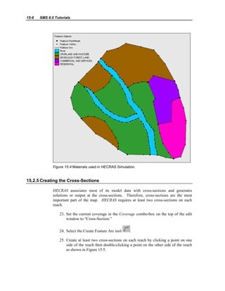 15-6 SMS 8.0 Tutorials
Figure 15.4 Materials used in HECRAS Simulation.
15.2.5 Creating the Cross-Sections
HECRAS associates most of its model data with cross-sections and generates
solutions or output at the cross-sections. Therefore, cross-sections are the most
important part of the map. HECRAS requires at least two cross-sections on each
reach.
23. Set the current coverage in the Coverage combo-box on the top of the edit
window to “Cross-Section.”
24. Select the Create Feature Arc tool .
25. Create at least two cross-sections on each reach by clicking a point on one
side of the reach then double-clicking a point on the other side of the reach
as shown in Figure 15.5.
 