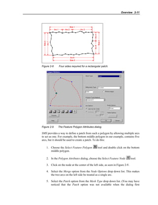 Overview 2-11
Figure 2-8 Four sides required for a rectangular patch.
Figure 2-9 The Feature Polygon Attributes dialog.
SMS provides a way to define a patch from such a polygon by allowing multiple arcs
to act as one. For example, the bottom middle polygon in our example, contains five
arcs, but it should be used to create a patch. To do this:
1. Choose the Select Feature Polygon tool and double click on the bottom
middle polygon.
2. In the Polygon Attributes dialog, choose the Select Feature Node tool.
3. Click on the node at the center of the left side, as seen in Figure 2-9.
4. Select the Merge option from the Node Options drop down list. This makes
the two arcs on the left side be treated as a single arc.
5. Select the Patch option from the Mesh Type drop down list. (You may have
noticed that the Patch option was not available when the dialog first
 