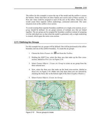 Overview 2-13
The inflow for this example is across the top of the model and the outflow is across
the bottom. Notice that there are three feature arcs across each of these sections. A
flow rate value could be assigned to each of the arcs at the inflow. However, this
would create three separate inflow nodestrings, connected end-to-end. The same
situation exists at the outflow cross section.
To avoid creating three separate boundary conditions at a single cross section, an arc
group should be defined. An arc group consists of multiple arcs that are linked
together. The arc group can be assigned the boundary condition instead of assigning
it at the individual arcs so that when the model is generated, only a single nodestring
is created, which spans the entire cross section.
2.11.1 Defining Arc Groups
For this example two arc groups will be defined. One will be positioned at the inflow
boundary and one at the outflow boundary. To create the arc groups:
1. Choose the Select Feature Arc tool from the Toolbox.
2. Holding the SHIFT key, select the three arcs that make up the flow cross-
section, labeled as Flow Arcs in Figure 2-10.
3. Select Feature Objects | Create Arc Group to create an arc group from the
three selected arcs.
4. Now, select the three arcs that make up the head cross-section, labeled as
Head Arcs in Figure 2-10. (Make sure only these three arcs are selected by
checking the Status Bar at the bottom right of the Main Graphics Window.)
5. Select Feature Objects | Create Arc Group.
Figure 2-10 The arc groups to create.
 