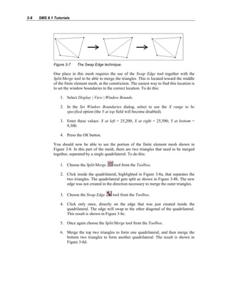 3-8 SMS 8.1 Tutorials
Figure 3-7 The Swap Edge technique.
One place in this mesh requires the use of the Swap Edge tool together with the
Split/Merge tool to be able to merge the triangles. This is located toward the middle
of the finite element mesh, at the constriction. The easiest way to find this location is
to set the window boundaries to the correct location. To do this:
1. Select Display | View | Window Bounds.
2. In the Set Window Boundaries dialog, select to use the X range to be
specified option (the Y at top field will become disabled).
3. Enter these values: X at left = 25,200; X at right = 25,500; Y at bottom =
9,300.
4. Press the OK button.
You should now be able to see the portion of the finite element mesh shown in
Figure 3-8. In this part of the mesh, there are two triangles that need to be merged
together, separated by a single quadrilateral. To do this:
1. Choose the Split/Merge tool from the Toolbox.
2. Click inside the quadrilateral, highlighted in Figure 3-8a, that separates the
two triangles. The quadrilateral gets split as shown in Figure 3-8b. The new
edge was not created in the direction necessary to merge the outer triangles.
3. Choose the Swap Edge tool from the Toolbox.
4. Click only once, directly on the edge that was just created inside the
quadrilateral. The edge will swap to the other diagonal of the quadrilateral.
This result is shown in Figure 3-8c.
5. Once again choose the Split/Merge tool from the Toolbox.
6. Merge the top two triangles to form one quadrilateral, and then merge the
bottom two triangles to form another quadrilateral. The result is shown in
Figure 3-8d.
 