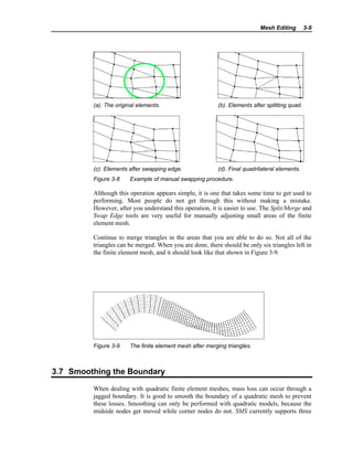 Mesh Editing 3-9
(a). The original elements. (b). Elements after splitting quad.
(c). Elements after swapping edge. (d). Final quadrilateral elements.
Figure 3-8 Example of manual swapping procedure.
Although this operation appears simple, it is one that takes some time to get used to
performing. Most people do not get through this without making a mistake.
However, after you understand this operation, it is easier to use. The Split/Merge and
Swap Edge tools are very useful for manually adjusting small areas of the finite
element mesh.
Continue to merge triangles in the areas that you are able to do so. Not all of the
triangles can be merged. When you are done, there should be only six triangles left in
the finite element mesh, and it should look like that shown in Figure 3-9.
Figure 3-9 The finite element mesh after merging triangles.
3.7 Smoothing the Boundary
When dealing with quadratic finite element meshes, mass loss can occur through a
jagged boundary. It is good to smooth the boundary of a quadratic mesh to prevent
these losses. Smoothing can only be performed with quadratic models, because the
midside nodes get moved while corner nodes do not. SMS currently supports three
 