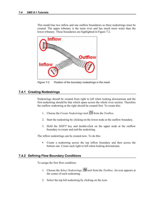7-4 SMS 8.1 Tutorials
This model has two inflow and one outflow boundaries so three nodestrings must be
created. The upper tributary is the main river and has much more water than the
lower tributary. These boundaries are highlighted in Figure 7-2.
Figure 7-2. Position of the boundary nodestrings in the mesh.
7.4.1 Creating Nodestrings
Nodestrings should be created from right to left when looking downstream and the
first nodestring should be that which spans across the whole river section. Therefore
the outflow nodestring at the right should be created first. To create this:
1. Choose the Create Nodestrings tool from the Toolbox.
2. Start the nodestring by clicking on the lower node at the outflow boundary.
3. Hold the SHIFT key and double-click on the upper node at the outflow
boundary to create and end the nodestring.
The inflow nodestrings can be created now. To do this:
• Create a nodestring across the top inflow boundary and then across the
bottom one. Create each right to left when looking downstream.
7.4.2 Defining Flow Boundary Conditions
To assign the first flow condition:
1. Choose the Select Nodestrings tool from the Toolbox. An icon appears at
the center of each nodestring.
2. Select the top left nodestring by clicking on the icon.
 
