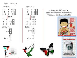 5(b)   𝜆 = 2,2,5
For 𝜆 = 2            For 𝜆 = 5
  0 0 0 0             3     0 0 0      ∴ Since A is 3X3 matrix,
  1 0 0 0             1     3 0 0   there are only two basis vector.
 −4 3 −3 0           −4     3 0 0     Thus, A is not diagonalizable
       ERO                  ERO
 1 0 0 0              1 0 0 0
 0 1 −1 0             0 1 0 0
 0 0 0 0              0 0 0 0
𝐿𝑒𝑡 𝑥3 = 𝑡           𝐿𝑒𝑡 𝑥3 = 𝑡
          0                   0
    𝑥= 𝑡 1               𝑥= 𝑡 0
          1                   1
        0                    0
   𝑝1 = 1               𝑝2 = 0
        1                    1
 