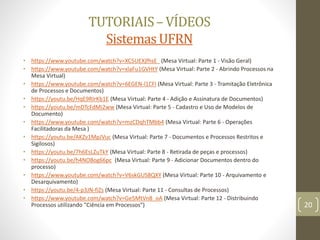 TUTORIAIS– VÍDEOS
SistemasUFRN
• https://www.youtube.com/watch?v=XC5UEXjfhsE (Mesa Virtual: Parte 1 - Visão Geral)
• https://www.youtube.com/watch?v=xlaFu1GVHtY (Mesa Virtual: Parte 2 - Abrindo Processos na
Mesa Virtual)
• https://www.youtube.com/watch?v=6EGEN-l1CFI (Mesa Virtual: Parte 3 - Tramitação Eletrônica
de Processos e Documentos)
• https://youtu.be/HqE9RIrKb1E (Mesa Virtual: Parte 4 - Adição e Assinatura de Documentos)
• https://youtu.be/mDTcFdMi2ww (Mesa Virtual: Parte 5 - Cadastro e Uso de Modelos de
Documento)
• https://www.youtube.com/watch?v=mzCDqhTMbb4 (Mesa Virtual: Parte 6 - Operações
Facilitadoras da Mesa )
• https://youtu.be/AKZv1MpJVuc (Mesa Virtual: Parte 7 - Documentos e Processos Restritos e
Sigilosos)
• https://youtu.be/7h6EsLZuTkY (Mesa Virtual: Parte 8 - Retirada de peças e processos)
• https://youtu.be/h4NO8og66pc (Mesa Virtual: Parte 9 - Adicionar Documentos dentro do
processo)
• https://www.youtube.com/watch?v=V6skGUS8QXY (Mesa Virtual: Parte 10 - Arquivamento e
Desarquivamento)
• https://youtu.be/4-p3JN-fiZs (Mesa Virtual: Parte 11 - Consultas de Processos)
• https://www.youtube.com/watch?v=Ge5MtVnB_oA (Mesa Virtual: Parte 12 - Distribuindo
Processos utilizando "Ciência em Processos“) 20
 