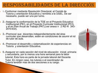    1.-Conformar mediante Resolución Directoral, el Comité de
       Tutoría y orientación Educativa y remitirla a la UGEL. De ser
       necesario, puede ser uno por turno.

   2.- Asegurar la conformación de la TOE en el Proyecto Educativo
        Institucional (PEI), en el Proyecto Curricular Institucional (PCI),
        y el en Plan Anual de Trabajo (PAT).(ver anexo n 2 RD N 343-
        2010-ED).

   3.- Promover que docentes independientemente del área
        curricular que desarrollan, estén en condiciones de asumir el rol
        de tutor de aula.

   4.- Promover el desarrollo y sistematización de experiencias en
        Tutoría y orientación Educativa.

   5.-Asegurar en cada sección del nivel de educación inicial, primaria
       y secundaria, por lo menos una hora semanal para la labor
       tutorial. Esta hora es parte de la jornada laboral del Docente
       Tutor. En ningún caso, los tutores o el coordinador de
       Tutoría tendrán mas de dos secciones a su cargo.
 