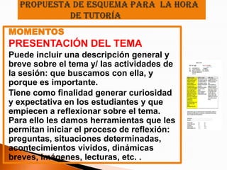 MOMENTOS
PRESENTACIÓN DEL TEMA
Puede incluir una descripción general y
breve sobre el tema y/ las actividades de
la sesión: que buscamos con ella, y
porque es importante.
Tiene como finalidad generar curiosidad
y expectativa en los estudiantes y que
empiecen a reflexionar sobre el tema.
Para ello les damos herramientas que les
permitan iniciar el proceso de reflexión:
preguntas, situaciones determinadas,
acontecimientos vividos, dinámicas
breves, imágenes, lecturas, etc. .
 