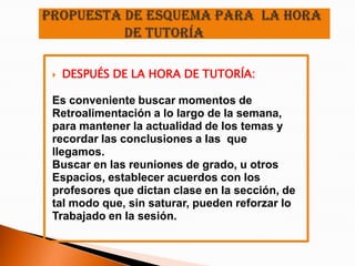    DESPUÉS DE LA HORA DE TUTORÍA:

Es conveniente buscar momentos de
Retroalimentación a lo largo de la semana,
para mantener la actualidad de los temas y
recordar las conclusiones a las que
llegamos.
Buscar en las reuniones de grado, u otros
Espacios, establecer acuerdos con los
profesores que dictan clase en la sección, de
tal modo que, sin saturar, pueden reforzar lo
Trabajado en la sesión.
 