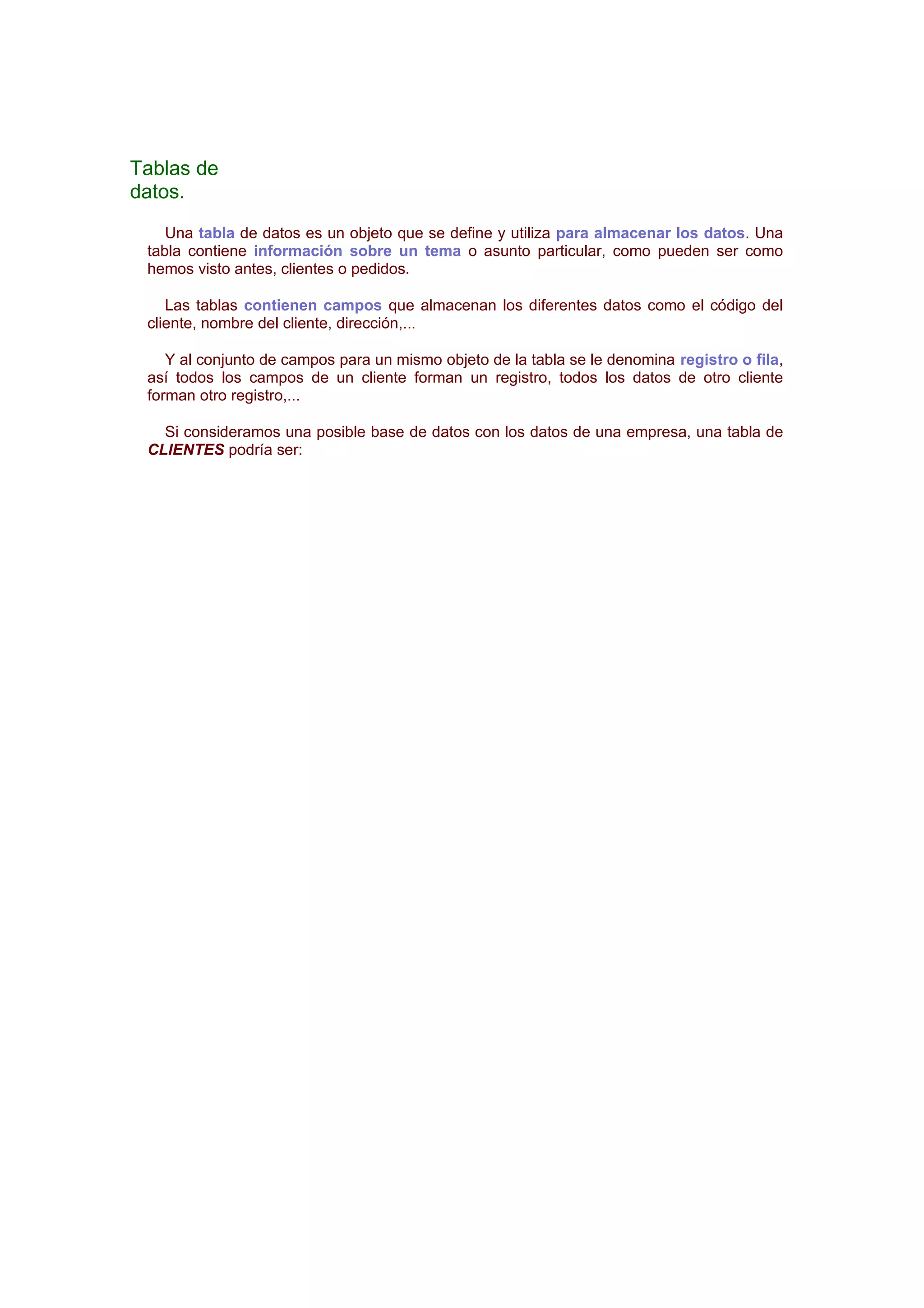 Tablas de
datos.
    Una tabla de datos es un objeto que se define y utiliza para almacenar los datos. Una
 tabla contiene información sobre un tema o asunto particular, como pueden ser como
 hemos visto antes, clientes o pedidos.

    Las tablas contienen campos que almacenan los diferentes datos como el código del
 cliente, nombre del cliente, dirección,...

    Y al conjunto de campos para un mismo objeto de la tabla se le denomina registro o fila,
 así todos los campos de un cliente forman un registro, todos los datos de otro cliente
 forman otro registro,...

   Si consideramos una posible base de datos con los datos de una empresa, una tabla de
 CLIENTES podría ser:
 