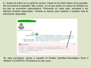 6.- Acaba de entrar en su perfil de usuario. Fíjese en la mitad inferior de la pantalla.
Allí encontrará el apartado “Mis cursos”, en el que podrá ver todos los Ámbitos en
los que se encuentre matriculado/a. Pinchando en cada caso, accederá a los
distintas Ámbitos disponibles. Tómese su tiempo para explorar y localizar toda la
información disponible.
En esta simulación vamos a acceder al Ámbito Científico-Tecnológico Nivel II
Módulo II (CUARTO). Pinchamos en ese curso.
 