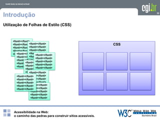 Acessibilidade na Web:
o caminho das pedras para construir sítios acessíveis.
32
Introdução
Utilização de Folhas de Estilo (CSS)
<font></font>
<font></font>
<font></font>
<font></font>
<font></font><font></font>
<font></font>
<font></font>
<font></font>
<font></font>
<font></font>
<font></font>
<font></font>
<font></font>
<font></font>
<font></font>
<font></font>
<font></font>
<font></font>
<font></font>
<font></font>
<font></font>
<font></font>
<font></font>
<font></font>
<font></font>
<font></font>
<font></font>
<font></font>
<font></font><font></font>
<font></font>
<font></font>
<font></font>
<font></font>
<font></font>
<font></font>
<font></font>
<font></font>
<font></font>
CSS
 