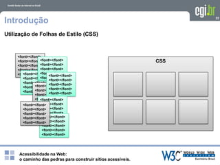 Acessibilidade na Web:
o caminho das pedras para construir sítios acessíveis.
33
Introdução
Utilização de Folhas de Estilo (CSS)
<font></font>
<font></font>
<font></font>
<font></font>
<font></font><font></font>
<font></font>
<font></font>
<font></font>
<font></font>
<font></font>
<font></font>
<font></font>
<font></font>
<font></font>
<font></font>
<font></font>
<font></font>
<font></font>
<font></font>
<font></font>
<font></font>
<font></font>
<font></font>
<font></font>
<font></font>
<font></font>
<font></font>
<font></font>
<font></font><font></font>
<font></font>
<font></font>
<font></font>
<font></font>
<font></font>
<font></font>
<font></font>
<font></font>
<font></font>
CSS
 