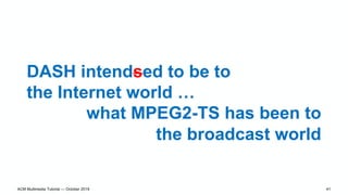 DASH intendsed to be to
the Internet world …
what MPEG2-TS has been to
the broadcast world
ACM Multimedia Tutorial — Octob...