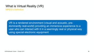 Virtual Reality (VR) puts us in a Virtual World
Source: Phil Chou
ACM Multimedia Tutorial — October 2019 89
 