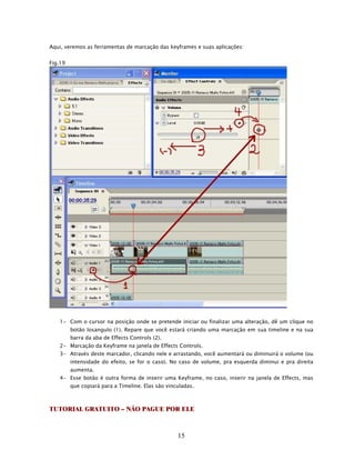 Aqui, veremos as ferramentas de marcação das keyframes e suas aplicações:


Fig.19




   1- Com o cursor na posição onde se pretende iniciar ou finalizar uma alteração, dê um clique no
         botão losangulo (1). Repare que você estará criando uma marcação em sua timeline e na sua
         barra da aba de Effects Controls (2).
   2- Marcação da Keyframe na janela de Effects Controls.
   3- Através deste marcador, clicando nele e arrastando, você aumentará ou diminuirá o volume (ou
         intensidade do efeito, se for o caso). No caso de volume, pra esquerda diminui e pra direita
         aumenta.
   4- Esse botão é outra forma de inserir uma Keyframe, no caso, inserir na janela de Effects, mas
         que copiará para a Timeline. Elas são vinculadas.



TUTORIAL GRATUITO – NÃO PAGUE POR ELE



                                                   15
 