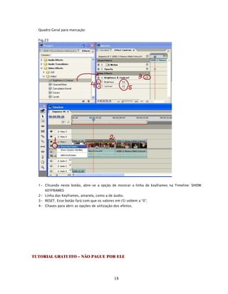 Quadro Geral para marcação:


  Fig.23




  1- Clicando neste botão, abre-se a opção de mostrar a linha de keyframes na Timeline: SHOW
      KEYFRAMES
  2- Linha das Keyframes, amarela, como a de áudio.
  3- RESET. Esse botão fará com que os valores em (5) voltem a “0”.
  4- Chaves para abrir as opções de utilização dos efeitos.




TUTORIAL GRATUITO – NÃO PAGUE POR ELE




                                               18
 
