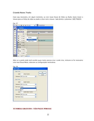 Criando Novos Tracks

Caso seja necessário, em algum momento, se criar novas faixas de Vídeo ou Áudio, basta mover o
mouse para as linhas de vídeo ou áudio e clicar com o mouse- lado direito e selecionar: ADD TRACKS


Fig. 27




Abre-se a janela onde você escolhe quais tracks precisa criar e onde criar, inclusive se for necessário
criar mais faixas Mono, selecione as configurações necessárias.


Fig. 28




TUTORIAL GRATUITO – NÃO PAGUE POR ELE


                                                  22
 