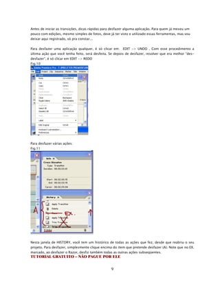 Antes de iniciar as transições, dicas rápidas para desfazer alguma aplicação. Para quem já mexeu um
pouco com edições, mesmo simples de fotos, deve já ter visto e utilizado essas ferramentas, mas vou
deixar aqui registrado, só pra constar...


Para desfazer uma aplicação qualquer, é só clicar em: EDIT -> UNDO . Com esse procedimento a
última ação que você tenha feito, será desfeita. Se depois de desfazer, resolver que era melhor “des-
desfazer”, é só clicar em EDIT -> REDO
Fig.10




Para desfazer várias ações:
Fig.11




Nesta janela de HISTORY, você tem um histórico de todas as ações que fez, desde que reabriu o seu
projeto. Para desfazer, simplesmente clique encima do item que pretende desfazer (A). Note que no EX.
marcado, ao desfazer o Razor, desfiz também todas as outras ações subseqüentes.
TUTORIAL GRATUITO – NÃO PAGUE POR ELE


                                                  9
 