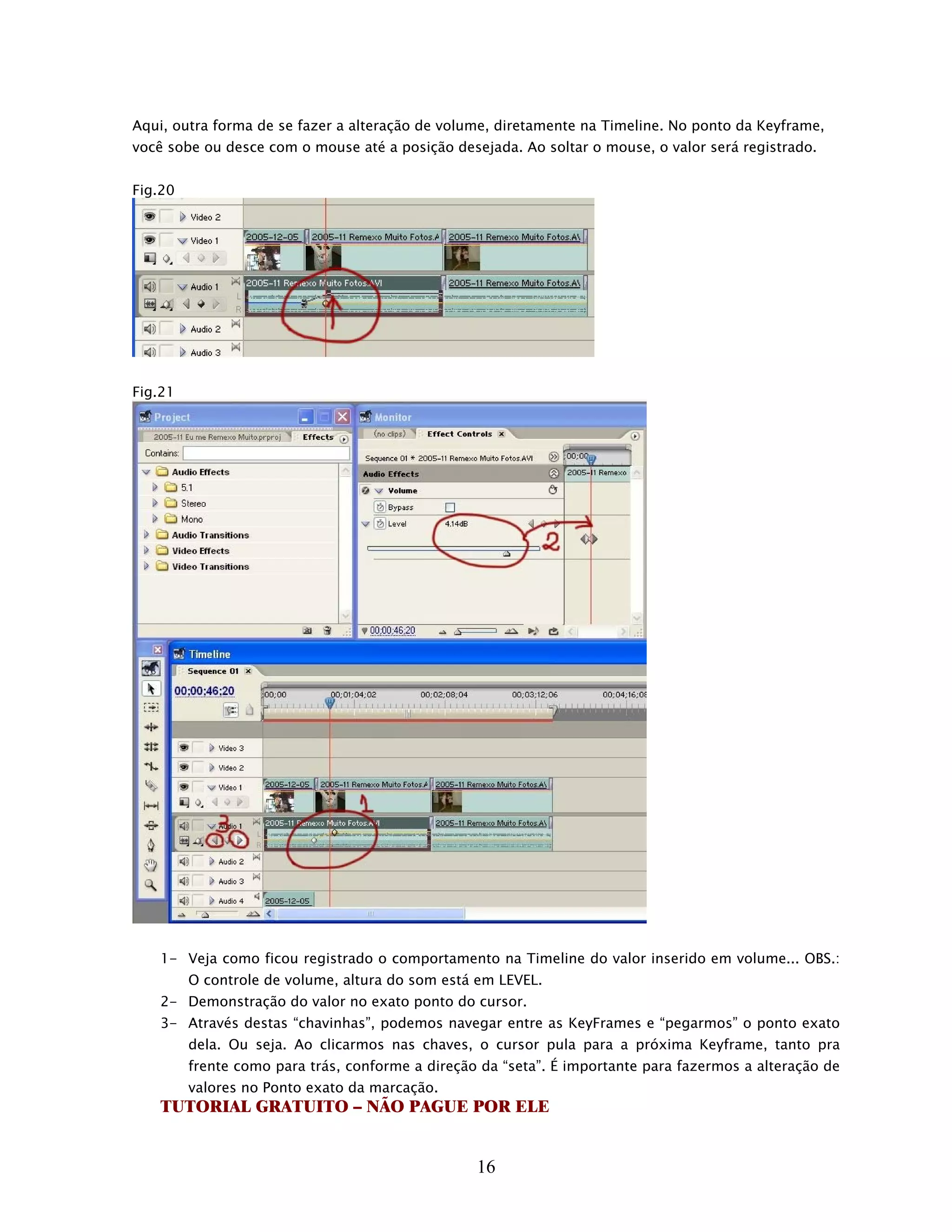 Aqui, outra forma de se fazer a alteração de volume, diretamente na Timeline. No ponto da Keyframe,
você sobe ou desce com o mouse até a posição desejada. Ao soltar o mouse, o valor será registrado.


Fig.20




Fig.21




    1- Veja como ficou registrado o comportamento na Timeline do valor inserido em volume... OBS.:
         O controle de volume, altura do som está em LEVEL.
    2- Demonstração do valor no exato ponto do cursor.
    3- Através destas “chavinhas”, podemos navegar entre as KeyFrames e “pegarmos” o ponto exato
         dela. Ou seja. Ao clicarmos nas chaves, o cursor pula para a próxima Keyframe, tanto pra
         frente como para trás, conforme a direção da “seta”. É importante para fazermos a alteração de
         valores no Ponto exato da marcação.
    TUTORIAL GRATUITO – NÃO PAGUE POR ELE


                                                  16
 