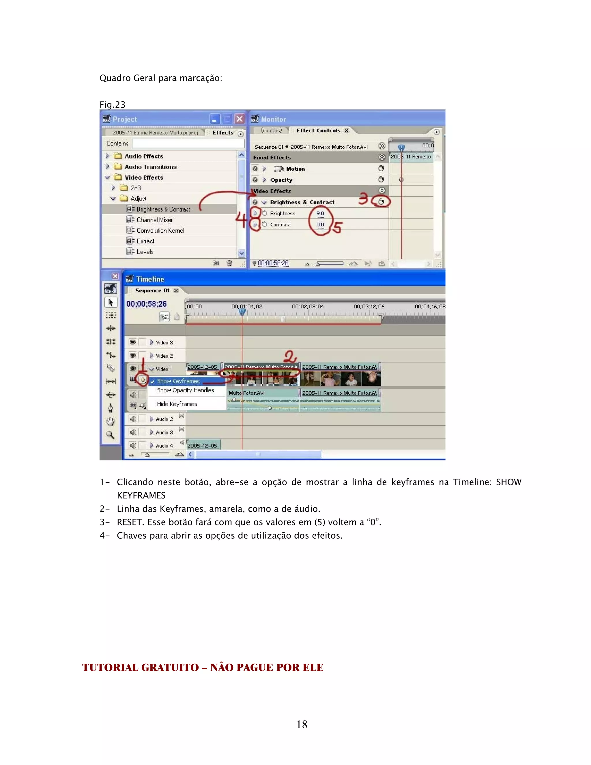 Quadro Geral para marcação:


  Fig.23




  1- Clicando neste botão, abre-se a opção de mostrar a linha de keyframes na Timeline: SHOW
      KEYFRAMES
  2- Linha das Keyframes, amarela, como a de áudio.
  3- RESET. Esse botão fará com que os valores em (5) voltem a “0”.
  4- Chaves para abrir as opções de utilização dos efeitos.




TUTORIAL GRATUITO – NÃO PAGUE POR ELE




                                               18
 