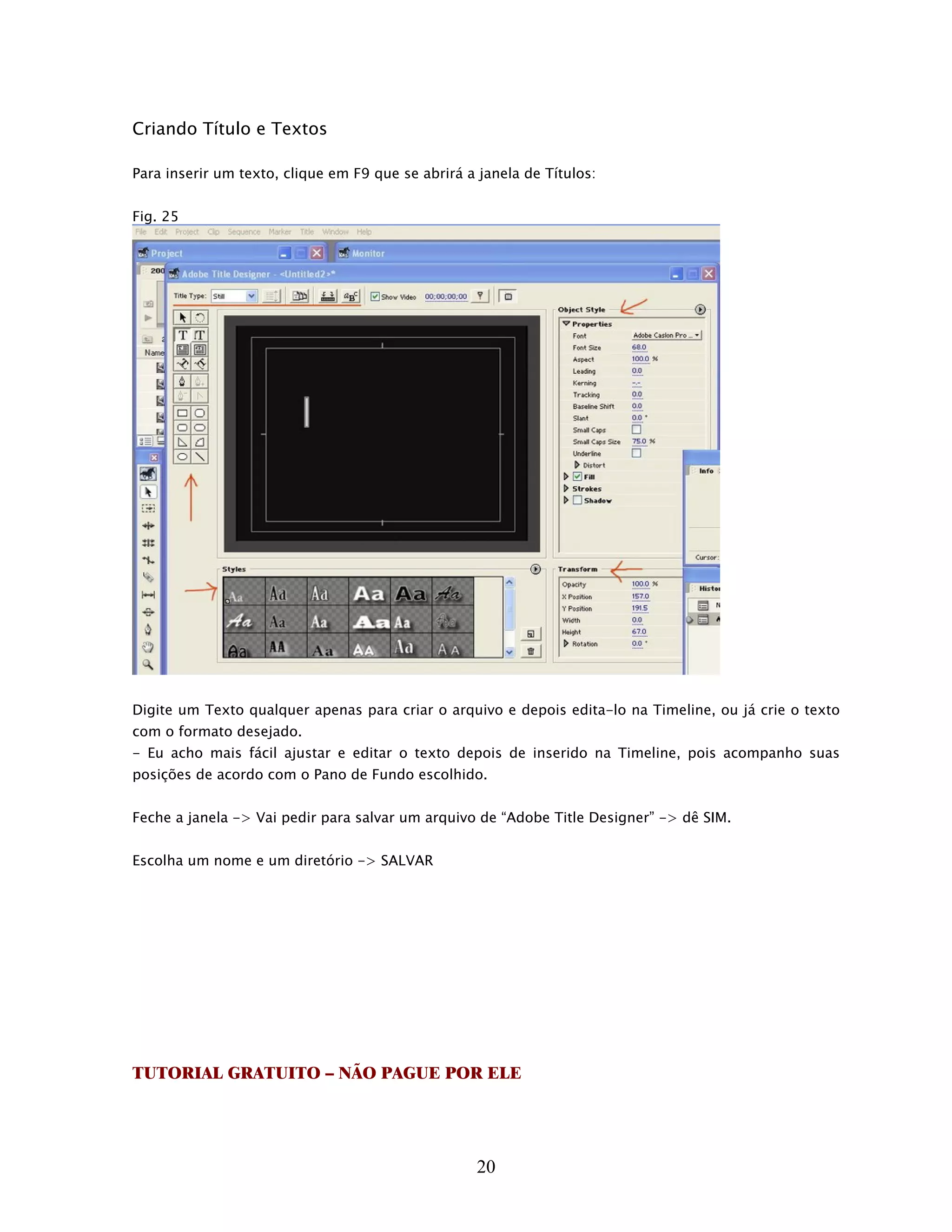 Criando Título e Textos

Para inserir um texto, clique em F9 que se abrirá a janela de Títulos:


Fig. 25




Digite um Texto qualquer apenas para criar o arquivo e depois edita-lo na Timeline, ou já crie o texto
com o formato desejado.
- Eu acho mais fácil ajustar e editar o texto depois de inserido na Timeline, pois acompanho suas
posições de acordo com o Pano de Fundo escolhido.


Feche a janela -> Vai pedir para salvar um arquivo de “Adobe Title Designer” -> dê SIM.


Escolha um nome e um diretório -> SALVAR




TUTORIAL GRATUITO – NÃO PAGUE POR ELE




                                                    20
 