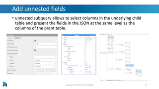 Add unnested fields
• unnested subquery allows to select columns in the underlying child
table and present the fields in the JSON at the same level as the
columns of the prent table.
Copyright © 2016-2023 Hackolade 13
 