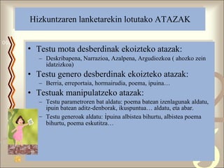 Hizkuntzaren lanketarekin lotutako ATAZAK Testu mota desberdinak ekoizteko atazak:   Deskribapena, Narrazioa, Azalpena, Argudiozkoa ( ahozko zein idatzizkoa) Testu genero desberdinak ekoizteko atazak: Berria, erreportaia, hormairudia, poema, ipuina… Testuak manipulatzeko atazak: Testu parametroren bat aldatu: poema batean izenlagunak aldatu, ipuin batean aditz-denborak, ikuspuntua… aldatu, eta abar. Testu generoak aldatu:  i puina albistea bihurtu, albistea poema bihurtu, poema eskutitza… 