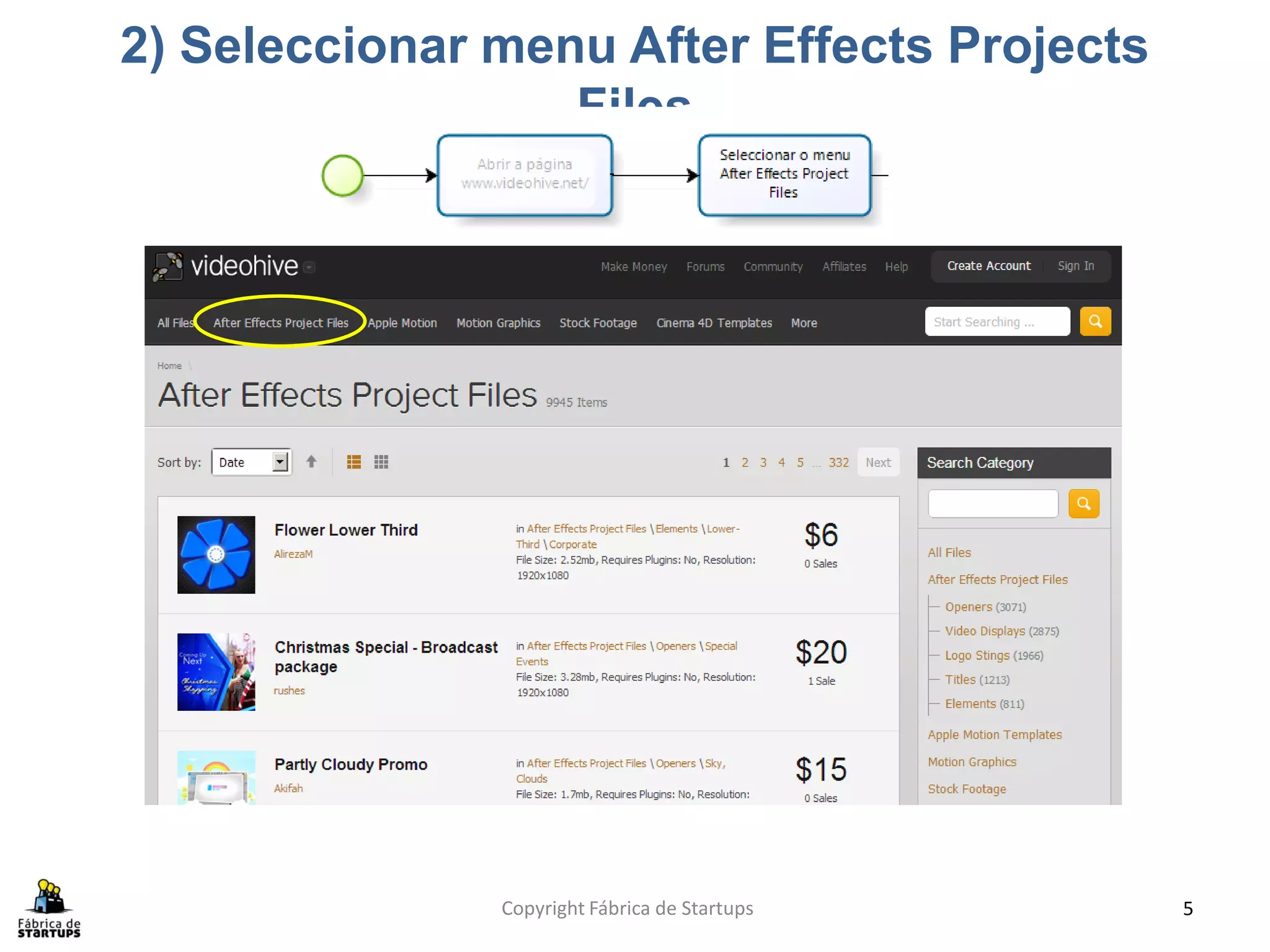2) Seleccionar menu After Effects Projects
                  Files




               Copyright Fábrica de Startups   5
 