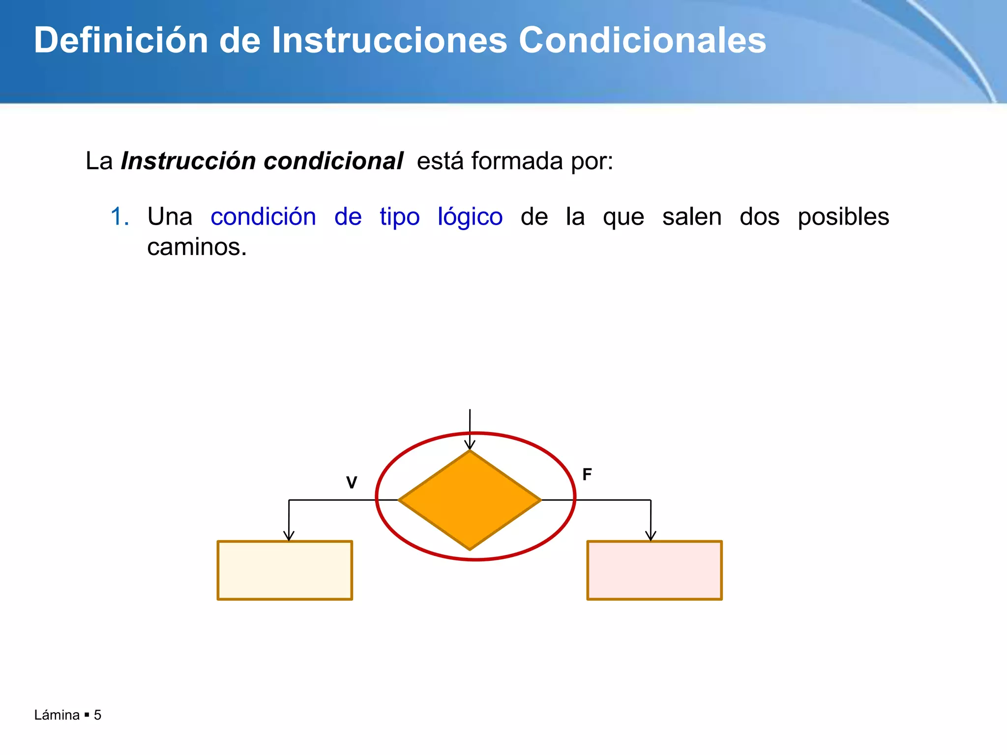 Lámina  5
La Instrucción condicional está formada por:
V F
Definición de Instrucciones Condicionales
1. Una condición de tipo lógico de la que salen dos posibles
caminos.
 