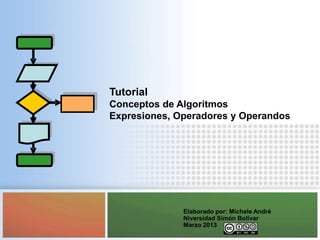Tutorial
Conceptos de Algoritmos
Expresiones, Operadores y Operandos




              Elaborado por: Michele André
              Niversidad Simón Bolívar
              Marzo 2013
 