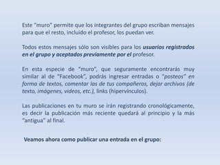 Este “muro” permite que los integrantes del grupo escriban mensajes 
para que el resto, incluido el profesor, los puedan ver. 
Todos estos mensajes sólo son visibles para los usuarios registrados 
en el grupo y aceptados previamente por el profesor. 
En esta especie de “muro”, que seguramente encontrarás muy 
similar al de “Facebook”, podrás ingresar entradas o “posteos” en 
forma de textos, comentar las de tus compañeros, dejar archivos (de 
texto, imágenes, videos, etc.), links (hipervínculos). 
Las publicaciones en tu muro se irán registrando cronológicamente, 
es decir la publicación más reciente quedará al principio y la más 
“antigua” al final. 
Veamos ahora como publicar una entrada en el grupo: 
 