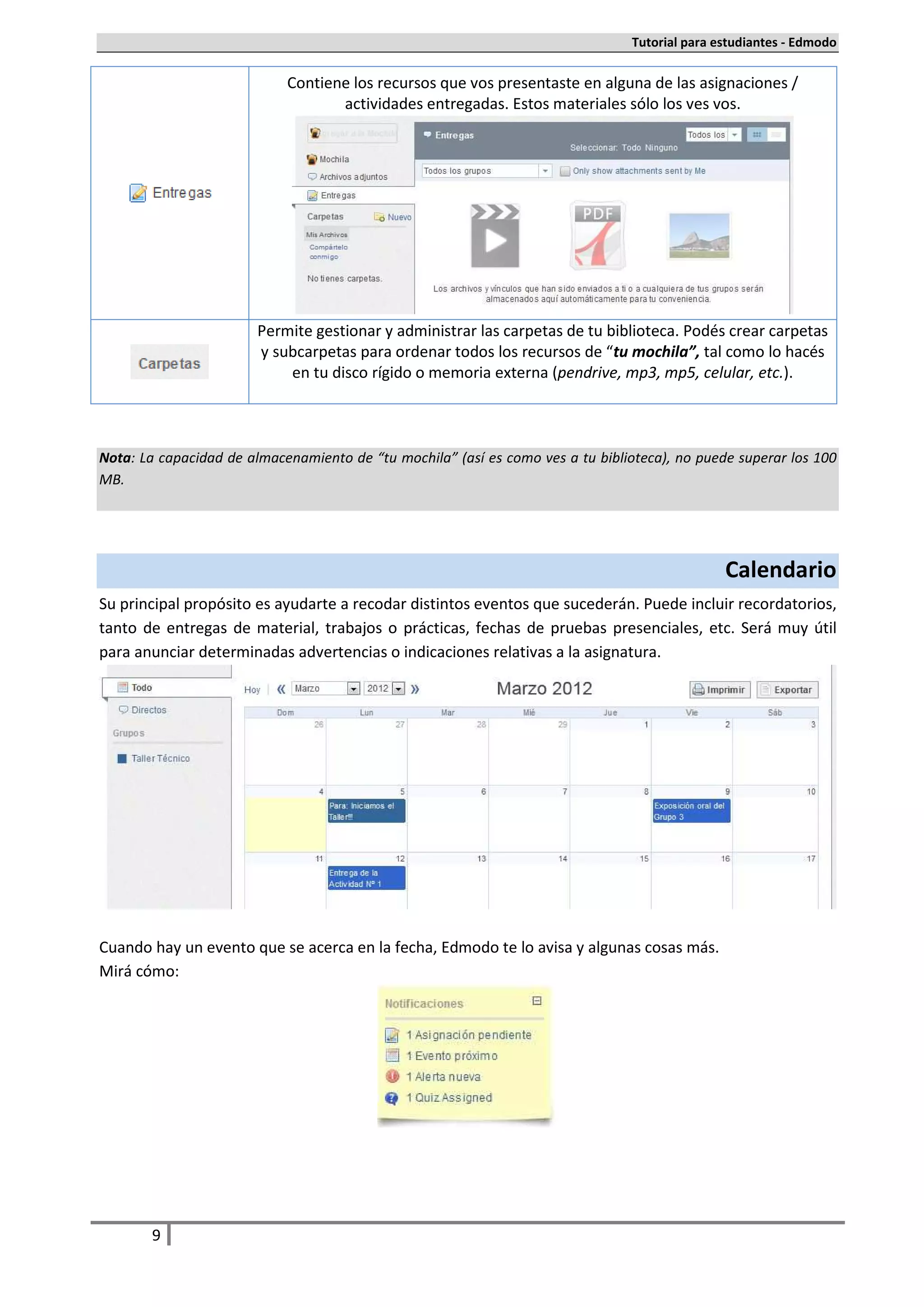 Tutorial para estudiantes - Edmodo

                            Contiene los recursos que vos presentaste en alguna de las asignaciones /
                                   actividades entregadas. Estos materiales sólo los ves vos.




                        Permite gestionar y administrar las carpetas de tu biblioteca. Podés crear carpetas
                        y subcarpetas para ordenar todos los recursos de “tu mochila”, tal como lo hacés
                            en tu disco rígido o memoria externa (pendrive, mp3, mp5, celular, etc.).



Nota: La capacidad de almacenamiento de “tu mochila” (así es como ves a tu biblioteca), no puede superar los 100
MB.




                                                                                               Calendario
Su principal propósito es ayudarte a recodar distintos eventos que sucederán. Puede incluir recordatorios,
tanto de entregas de material, trabajos o prácticas, fechas de pruebas presenciales, etc. Será muy útil
para anunciar determinadas advertencias o indicaciones relativas a la asignatura.




Cuando hay un evento que se acerca en la fecha, Edmodo te lo avisa y algunas cosas más.
Mirá cómo:




        9
 