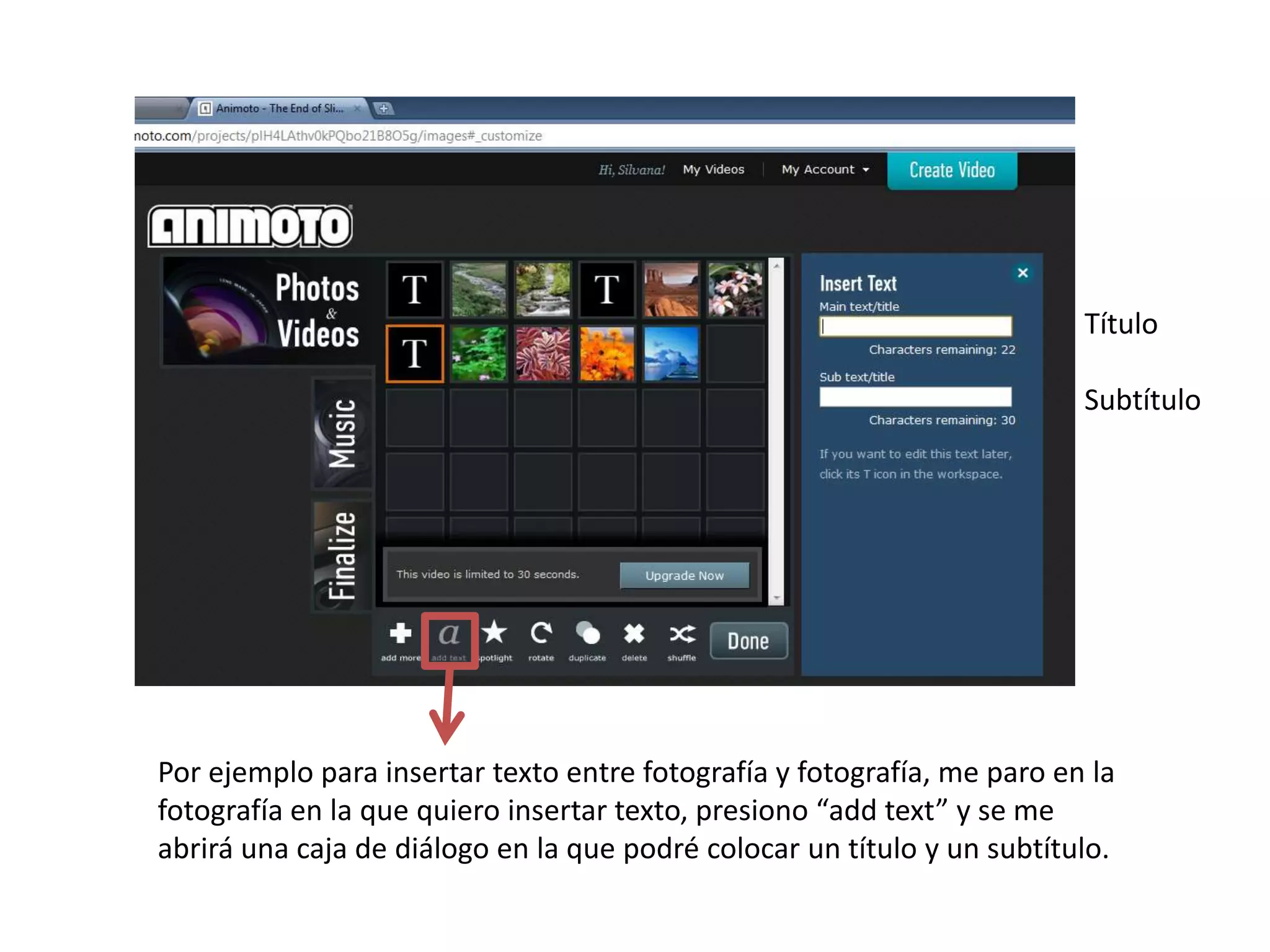 Título

                                                                         Subtítulo




Por ejemplo para insertar texto entre fotografía y fotografía, me paro en la
fotografía en la que quiero insertar texto, presiono “add text” y se me
abrirá una caja de diálogo en la que podré colocar un título y un subtítulo.
 