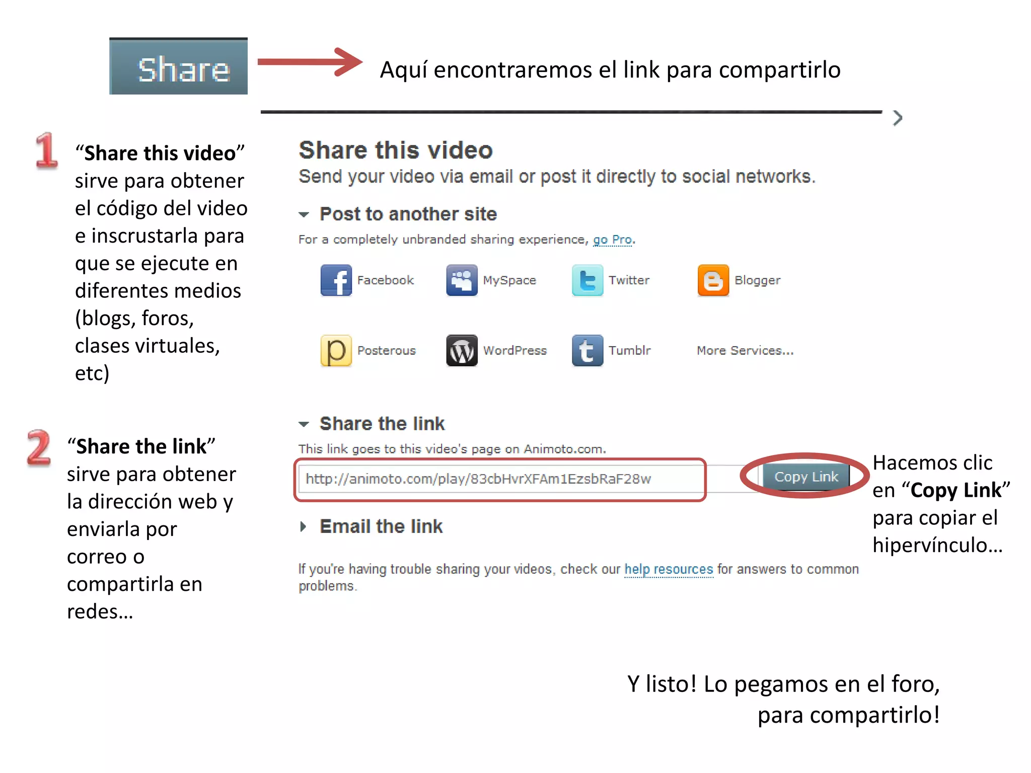 Aquí encontraremos el link para compartirlo


“Share this video”
sirve para obtener
el código del video
e inscrustarla para
que se ejecute en
diferentes medios
(blogs, foros,
clases virtuales,
etc)


“Share the link”
sirve para obtener                                                   Hacemos clic
la dirección web y                                                   en “Copy Link”
enviarla por                                                         para copiar el
correo o                                                             hipervínculo…
compartirla en
redes…


                                             Y listo! Lo pegamos en el foro,
                                                           para compartirlo!
 