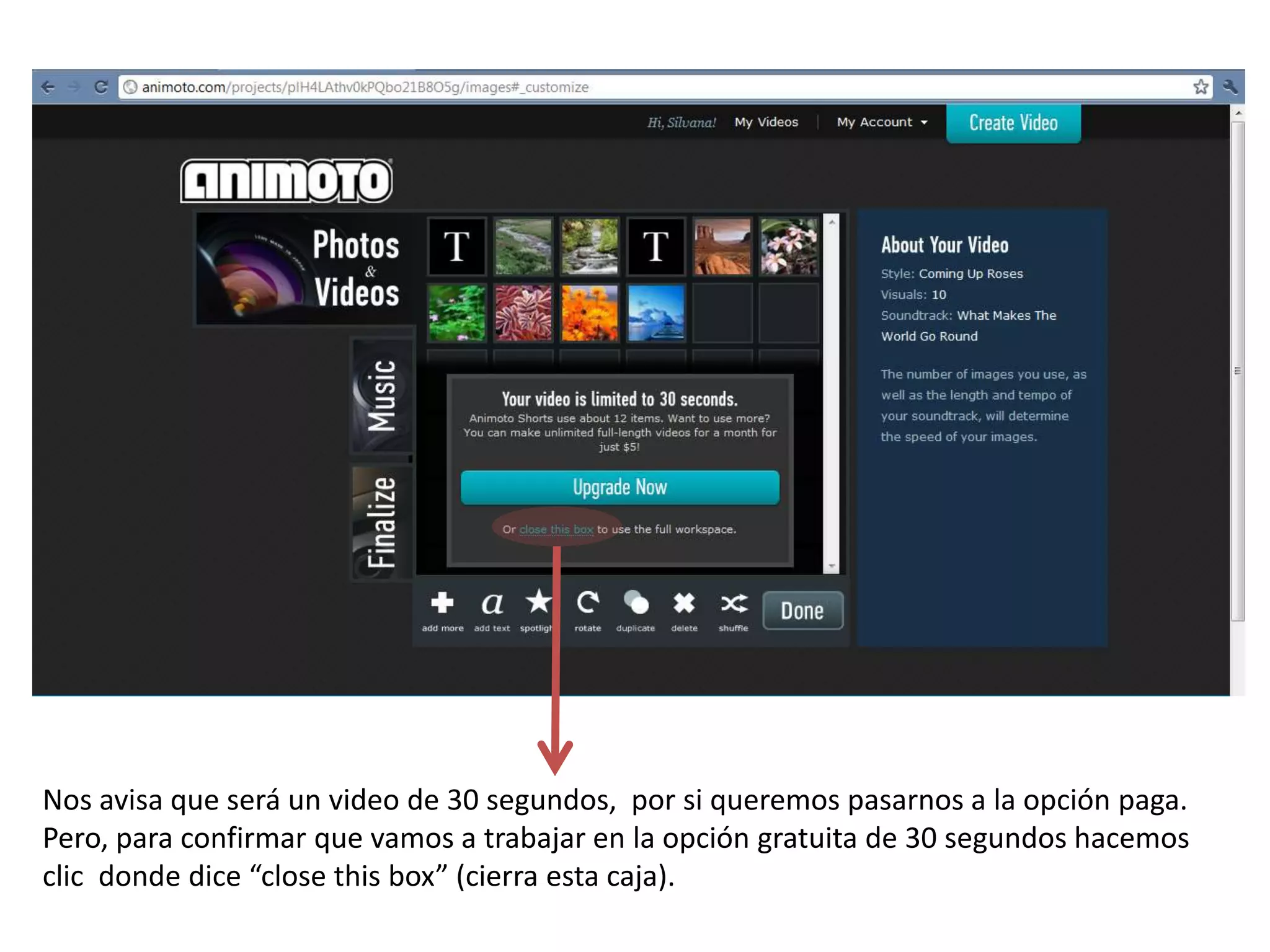 Nos avisa que será un video de 30 segundos, por si queremos pasarnos a la opción paga.
Pero, para confirmar que vamos a trabajar en la opción gratuita de 30 segundos hacemos
clic donde dice “close this box” (cierra esta caja).
 