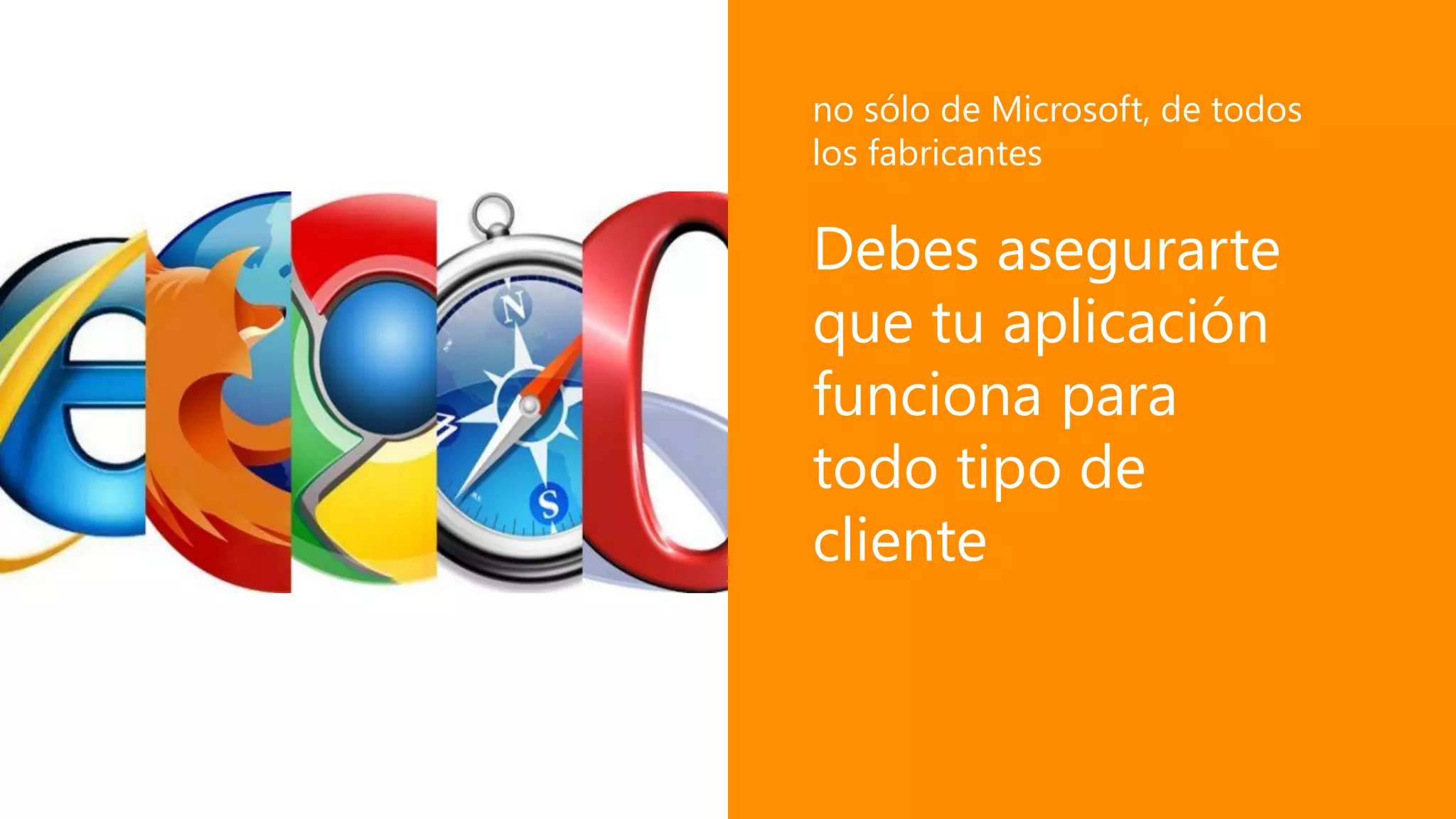 Debes asegurarte
que tu aplicación
funciona para
todo tipo de
cliente
no sólo de Microsoft, de todos
los fabricantes
 