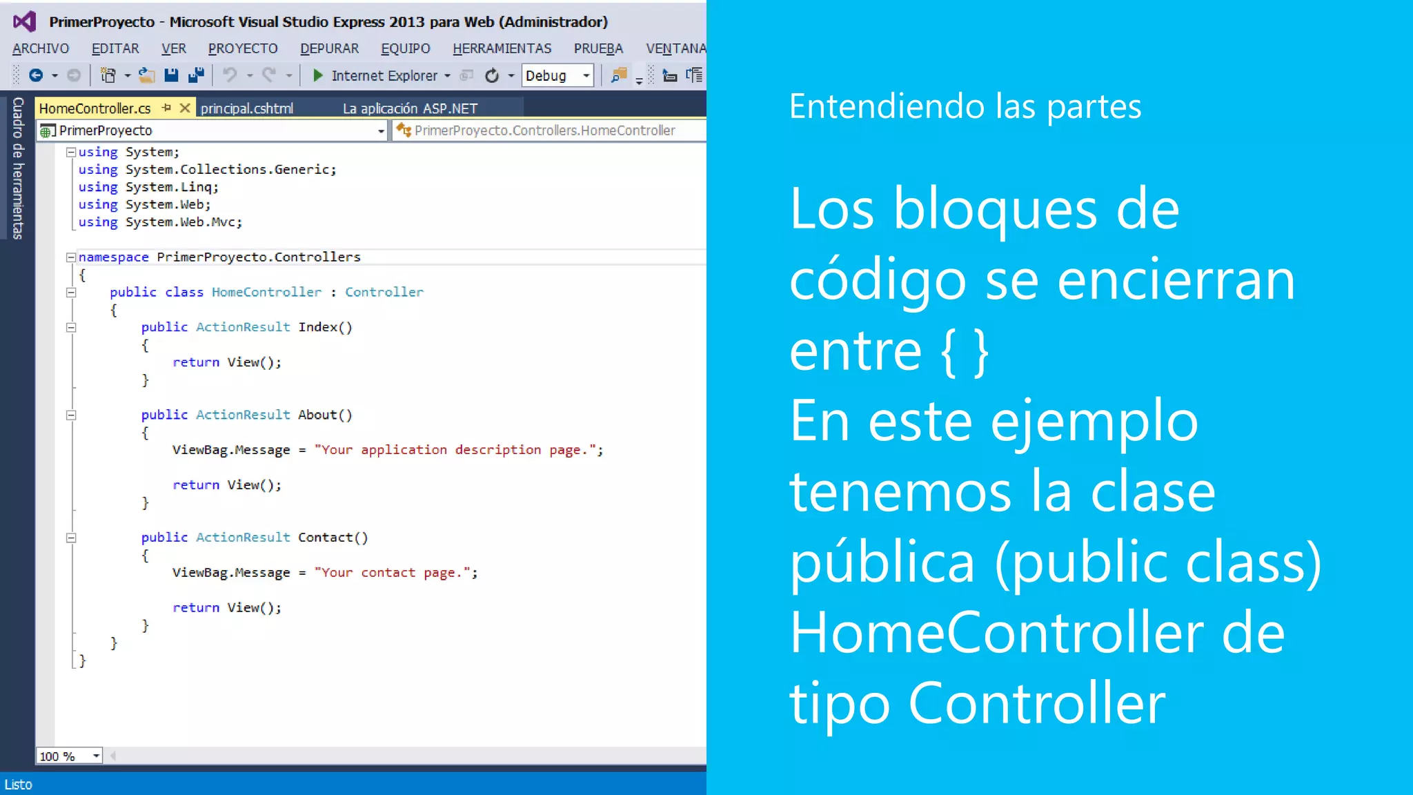 Los bloques de
código se encierran
entre { }
En este ejemplo
tenemos la clase
pública (public class)
HomeController de
tipo Controller
Entendiendo las partes
 
