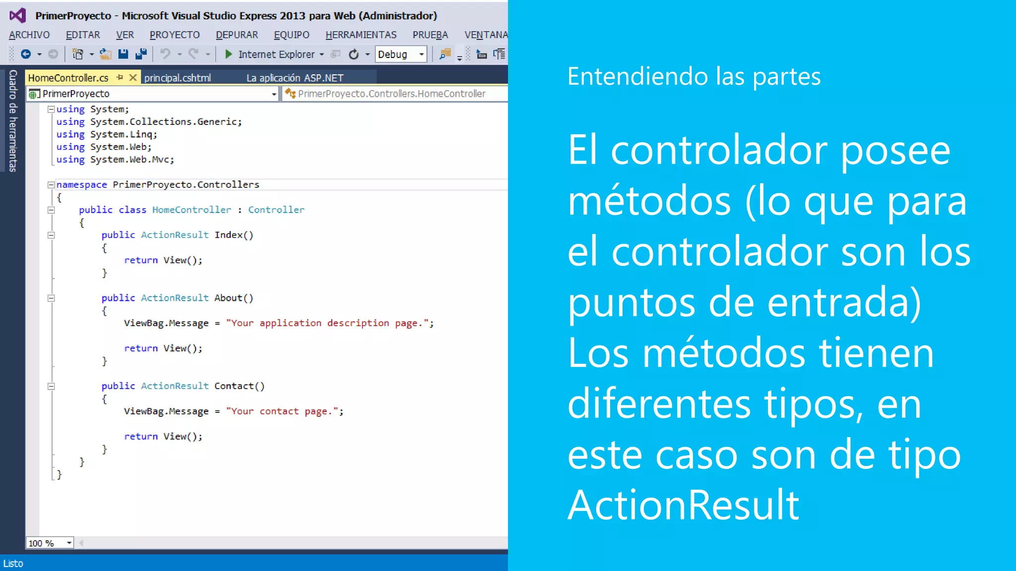 El controlador posee
métodos (lo que para
el controlador son los
puntos de entrada)
Los métodos tienen
diferentes tipos, en
este caso son de tipo
ActionResult
Entendiendo las partes
 