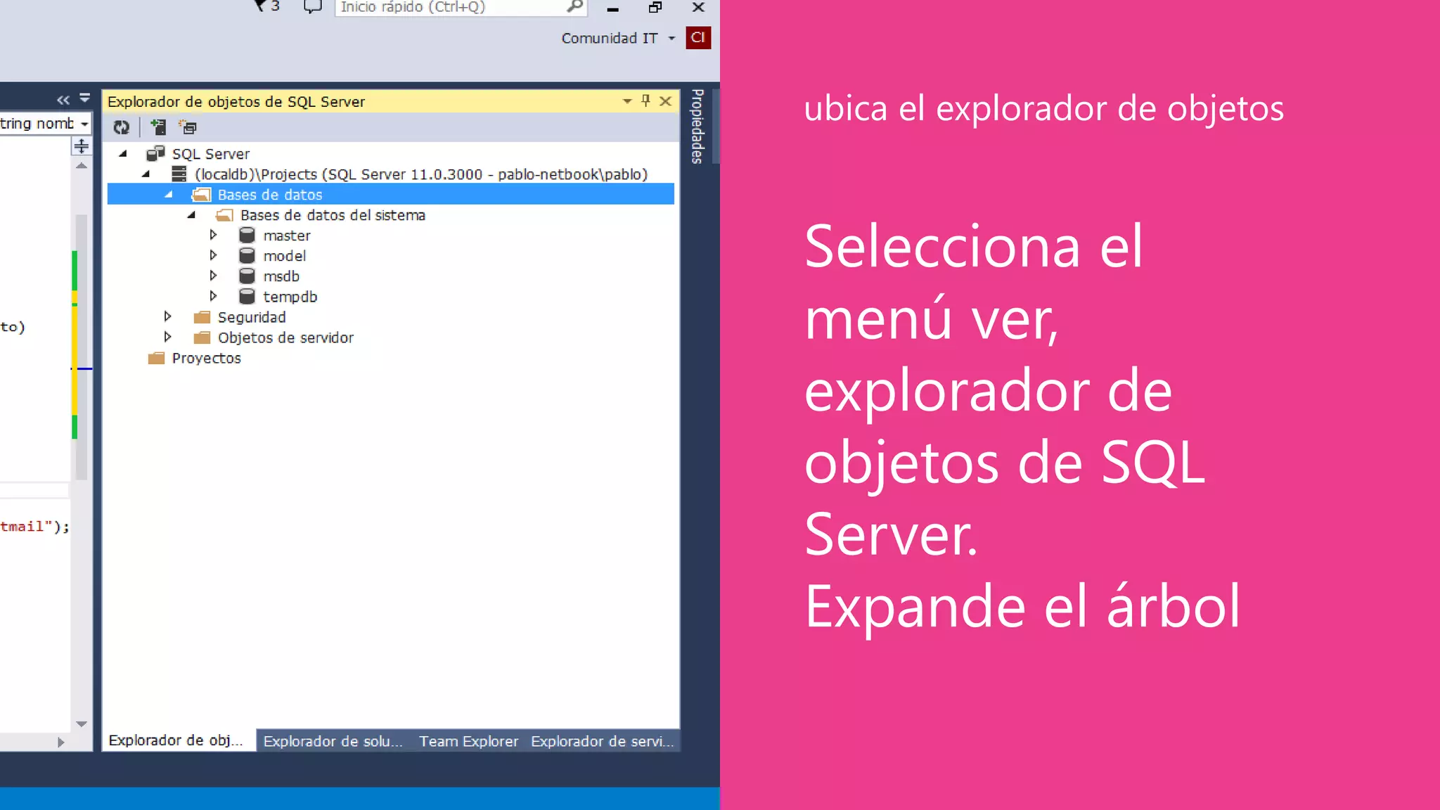 Selecciona el
menú ver,
explorador de
objetos de SQL
Server.
Expande el árbol
ubica el explorador de objetos
 