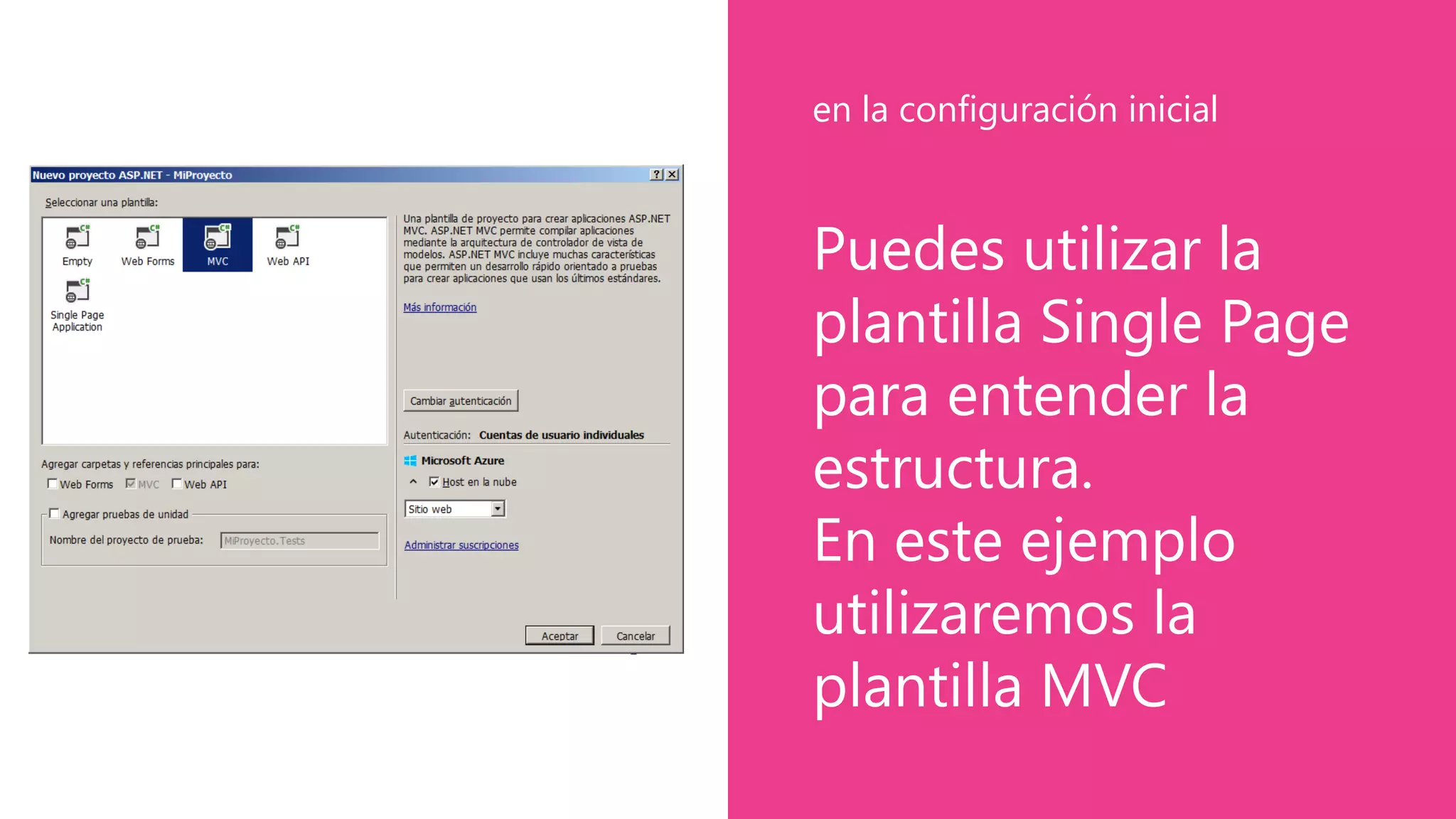 Puedes utilizar la
plantilla Single Page
para entender la
estructura.
En este ejemplo
utilizaremos la
plantilla MVC
en la configuración inicial
 