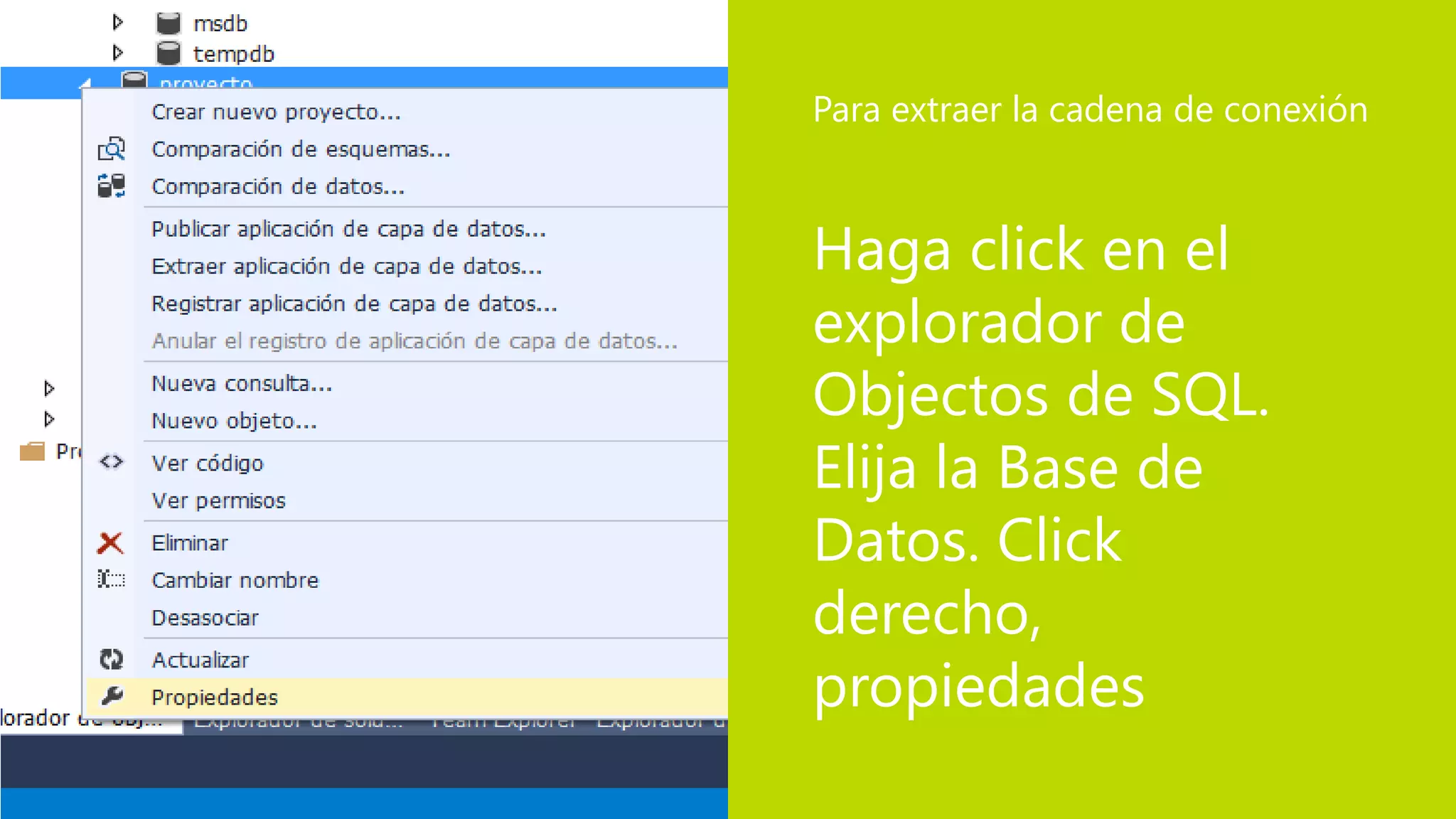Haga click en el
explorador de
Objectos de SQL.
Elija la Base de
Datos. Click
derecho,
propiedades
Para extraer la cadena de conexión
 