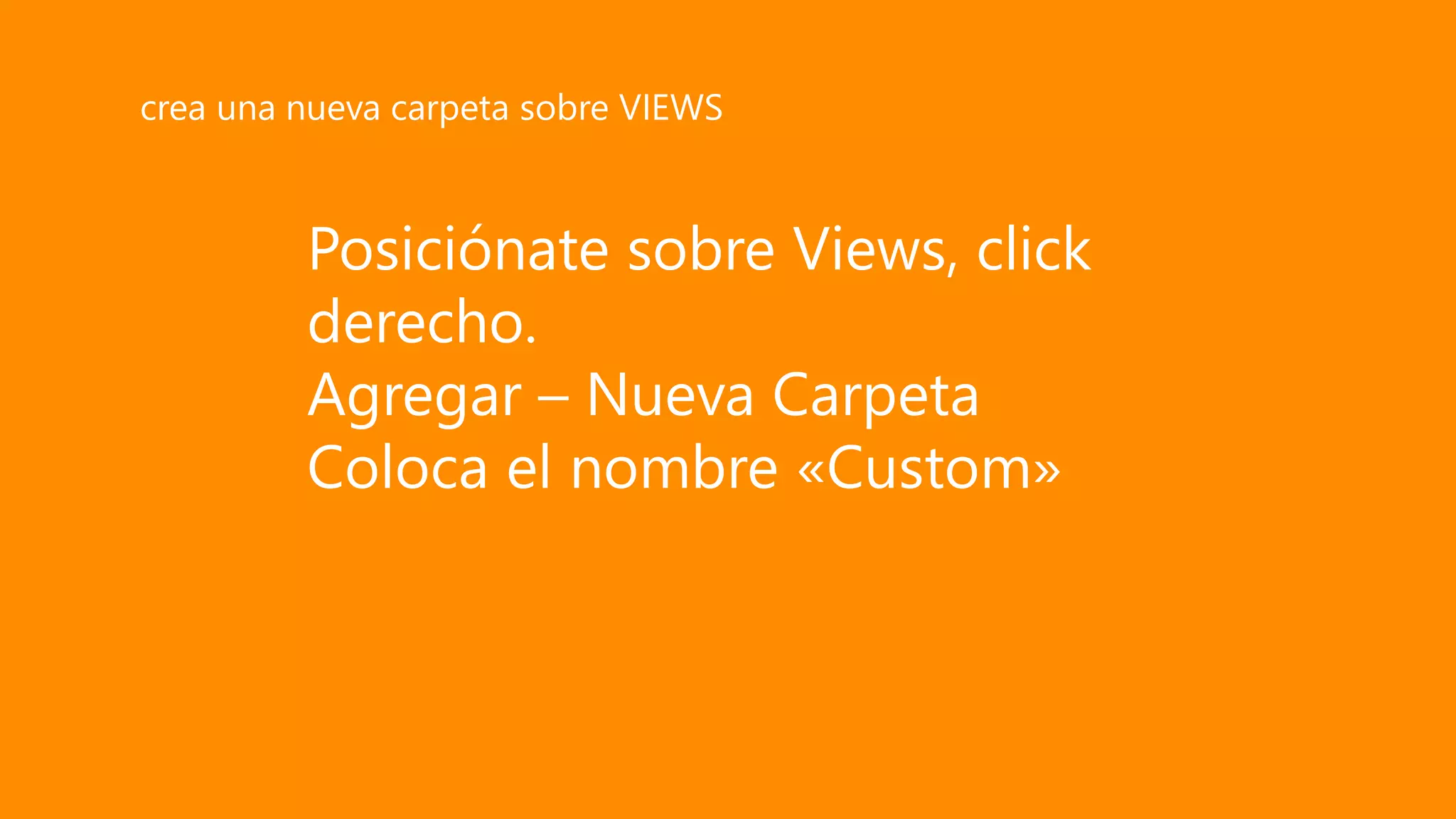 Posiciónate sobre Views, click
derecho.
Agregar – Nueva Carpeta
Coloca el nombre «Custom»
crea una nueva carpeta sobre VIEWS
 